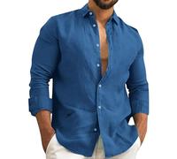 Camisas formales para hombre, modernas y fáciles de usar, color liso, multicolor, algodón, lino, manga larga, camiseta deportiva para hombre, azul oscuro, M