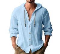 Camisas guayabera de lino con capucha para hombre, para verano, casual, cuello en V, manga larga, con cordón, sudaderas con capucha y botones, estilo hawaiano, para playa, hippie, blusa suave, azul, L