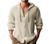 Camisas guayabera de lino con capucha para hombre, para verano, casual, cuello en V, manga larga, con cordón, sudaderas con capucha y botones, estilo hawaiano, para playa, hippie, blusa suave, beige,