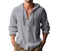 Camisas guayabera de lino con capucha para hombre, para verano, casual, cuello en V, manga larga, con cordón, sudaderas con capucha y botones, estilo hawaiano, para playa, hippie, blusa suave, gris