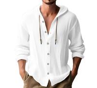 Camisas guayabera de lino con capucha para hombre, para verano, casual, cuello en V, manga larga, con cordón, sudaderas con capucha y botones, estilo hawaiano, para playa, hippie, blusa suave, blanco,