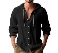 Camisas guayabera de lino con capucha para hombre, para verano, casual, cuello en V, manga larga, con cordón, sudaderas con capucha y botones, estilo hawaiano, para playa, hippie, blusa suave, Negro