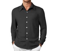 Camisas guayabera hawaianas cubanas con bolsillo en el pecho, manga larga, botones, sin arrugas, ropa de negocios, Negro, L