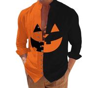 Camisas hawaianas de Halloween para hombre, divertidas con estampado de cara de calabaza, bloque de color, manga corta, verano, elegante, para fiestas en la playa, disfraces de vacaciones, para