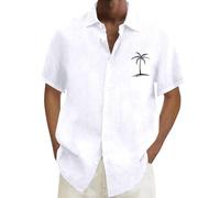 Camisas hawaianas para hombre, casual, algodón, lino, cocoteros, estampadas, de manga corta, holgada, con botones, cuello de solapa, blanco, 5XL