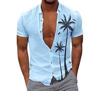 Camisas hawaianas para hombre, de manga corta, elegante, para vacaciones, playa, camisa de poliéster con botones, estampado de árboles de coco, camisetas casuales de playa, sin arrugas, camisas de