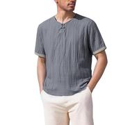 Camisas Henley de algodón y lino para hombre, camisetas estilo chino, camisetas vintage con detalles bordados, camisetas de manga corta atornilladas, camisetas ligeras de playa, camisetas