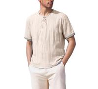 Camisas Henley de algodón y lino para hombre, camisetas estilo chino, camisetas vintage con detalles bordados, camisetas de manga corta atornilladas, camisetas ligeras de playa, camisetas