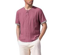 Camisas Henley de algodón y lino para hombre, camisetas estilo chino, camisetas vintage con detalles bordados, camisetas de manga corta atornilladas, camisetas ligeras de playa, camisetas