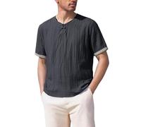 Camisas Henley de algodón y lino para hombre, camisetas estilo chino, camisetas vintage con detalles bordados, camisetas de manga corta atornilladas, camisetas ligeras de playa, camisetas