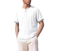 Camisas Henley de algodón y lino para hombre, camisetas estilo chino, camisetas vintage con detalles bordados, camisetas de manga corta atornilladas, camisetas ligeras de playa, camisetas