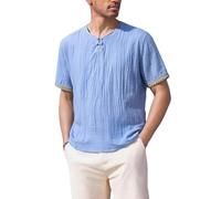 Camisas Henley de algodón y lino para hombre, camisetas estilo chino, camisetas vintage con detalles bordados, camisetas de manga corta atornilladas, camisetas ligeras de playa, camisetas