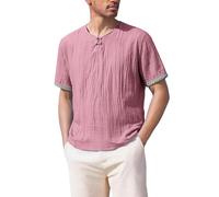 Camisas Henley de algodón y lino para hombre, camisetas estilo chino, camisetas vintage con detalles bordados, camisetas de manga corta atornilladas, camisetas ligeras de playa, camisetas
