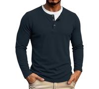 Camisas Henley de manga larga para hombre, punto gofre, informal, básica, azul oscuro, S