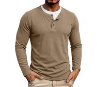Camisas Henley de manga larga para hombre, punto gofre, informal, básica, caqui, S