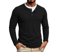 Camisas Henley de manga larga para hombre, punto gofre, informal, básica, Negro, S