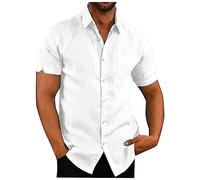 Camisas Hombre Manga Corta Camisa Casual Hawaiana Lino Camisas Suelta Funky de Verano 2024 Camisa de Color Sólido con Botónes Vestir Informales Shirt Ropa Hombre (Blanco,XL)