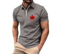 Camisas Hombre Manga Corta - Camisa Informal De Verano para Hombre De Manga Corta con Solapa Y Cremallera con Estampado del Día De Canadá (Dark Gray L)
