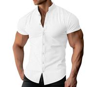 Camisas Hombre Manga Corta de Algodón y Lino De Vestir Sin Planchar Slim Camiseta Informal Ajuste Ligeramente Holgado Color Liso Dobladillo Redondeado Cardigan