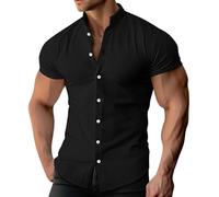 Camisas Hombre Manga Corta de Algodón y Lino De Vestir Sin Planchar Slim Camiseta Informal Ajuste Ligeramente Holgado Color Liso Dobladillo Redondeado Cardigan