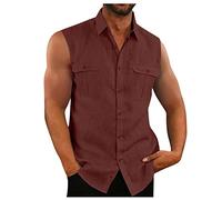 Camisas Hombre Sin Manga Camisa Casual Lino Hawaiana Camisas Funky Suelta de Verano 2024 Camisa de Color Sólido con Botónes Vestir Informales Shirt Ropa Hombre (marrón,M)