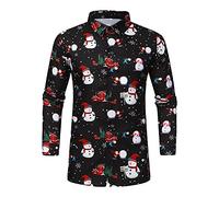 Camisas Hombres Manga Larga, Camisa Navidad Hombre, Ropa Negro de Vestir Invierno Navideño, Copos de Nieve, Top Camisa Slim Fit, Disfraz con Botones y Solapa, Muñeco de Nieve, Papá Noel