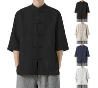 Camisas Kung Fu para hombre, manga 3/4, algodón y lino, camisa tradicional sin cuello, ligera, taichi, taekwondo, shaolin, ropa con botones, camiseta deportiva de verano, transpirable, casual, Negro
