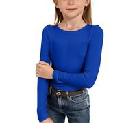Camisas lisas para niñas, camisa de manga larga con cuello redondo, sin botones, parte superior delgada, de punto acanalado, casual, camiseta acanalada, trajes para niñas pequeñas 5t (azul, 13-14 años