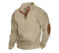 Camisas Manga Larga para Hombres con Codos Parche Quater Botón Jersey Casual Cuello Alto Botón(Khaki,Large)