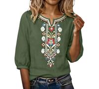 Camisas Mujer Manga 3/4 Algodón y Lino Primavera Cuello en V Casual T-Shirt Vintage Bordado Camiseta de Mujer Moda Casual Elegante Suelto Fiesta Tops T-Shirt Original Oficina Negocios