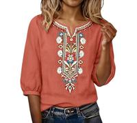 Camisas Mujer Manga 3/4 Algodón y Lino Primavera Cuello en V Casual T-Shirt Vintage Bordado Camiseta de Mujer Moda Casual Elegante Suelto Fiesta Tops T-Shirt Original Oficina Negocios