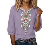 Camisas Mujer Manga 3/4 Algodón y Lino Primavera Cuello en V Casual T-Shirt Vintage Bordado Camiseta de Mujer Moda Casual Elegante Suelto Fiesta Tops T-Shirt Original Oficina Negocios