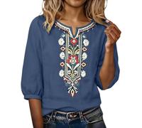 Camisas Mujer Manga 3/4 Algodón y Lino Primavera Cuello en V Casual T-Shirt Vintage Bordado Camiseta de Mujer Moda Casual Elegante Suelto Fiesta Tops T-Shirt Original Oficina Negocios