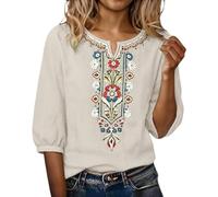 Camisas Mujer Manga 3/4 Algodón y Lino Primavera Cuello en V Casual T-Shirt Vintage Bordado Camiseta de Mujer Moda Casual Elegante Suelto Fiesta Tops T-Shirt Original Oficina Negocios
