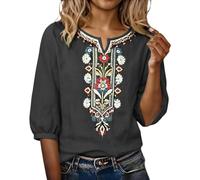 Camisas Mujer Manga 3/4 Algodón y Lino Primavera Cuello en V Casual T-Shirt Vintage Bordado Camiseta de Mujer Moda Casual Elegante Suelto Fiesta Tops T-Shirt Original Oficina Negocios