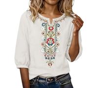 Camisas Mujer Manga 3/4 Algodón y Lino Primavera Cuello en V Casual T-Shirt Vintage Bordado Camiseta de Mujer Moda Casual Elegante Suelto Fiesta Tops T-Shirt Original Oficina Negocios