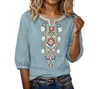 Camisas Mujer Manga 3/4 Algodón y Lino Primavera Cuello en V Casual T-Shirt Vintage Bordado Camiseta de Mujer Moda Casual Elegante Suelto Fiesta Tops T-Shirt Original Oficina Negocios