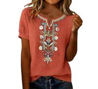 Camisas Mujer Manga 3/4 Algodón y Lino Primavera Cuello en V Casual T-Shirt Vintage Bordado Camiseta de Mujer Moda Casual Elegante Suelto Fiesta Tops T-Shirt Original Oficina Negocios