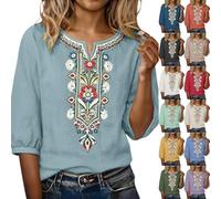 Camisas Mujer Manga 3/4 Algodón y Lino Primavera Cuello en V Casual T-Shirt Vintage Bordado Camiseta de Mujer Moda Casual Elegante Suelto Fiesta Tops T-Shirt Original Oficina Negocios
