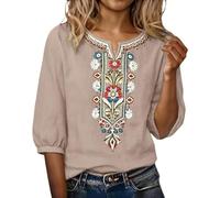 Camisas Mujer Manga 3/4 Algodón y Lino Primavera Cuello en V Casual T-Shirt Vintage Bordado Camiseta de Mujer Moda Casual Elegante Suelto Fiesta Tops T-Shirt Original Oficina Negocios