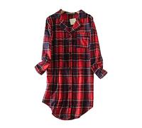 Camisas Mujer Manga Larga a Cuadros algodón con Botones Camisa de Dormir Camisón de Manga Larga para Mujer (Rot,L)