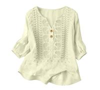 Camisas Mujer, Primavera Manga 3/4 Algodón Lino Cuello V Bordado Étnico Blusa Transpirable Verano Oficina Suelta Casual Elegante Original Tops Fiesta Boho Ideal para Playa y Vacaciones 2026