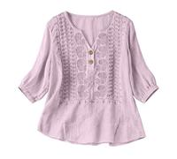 Camisas Mujer, Primavera Manga 3/4 Algodón Lino Cuello V Bordado Étnico Blusa Transpirable Verano Oficina Suelta Casual Elegante Original Tops Fiesta Boho Ideal para Playa y Vacaciones 2026