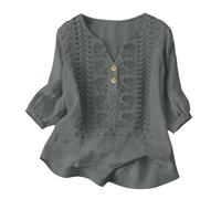 Camisas Mujer, Primavera Manga 3/4 Algodón Lino Cuello V Bordado Étnico Blusa Transpirable Verano Oficina Suelta Casual Elegante Original Tops Fiesta Boho Ideal para Playa y Vacaciones 2026