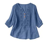Camisas Mujer, Primavera Manga 3/4 Algodón Lino Cuello V Bordado Étnico Blusa Transpirable Verano Oficina Suelta Casual Elegante Original Tops Fiesta Boho Ideal para Playa y Vacaciones 2026