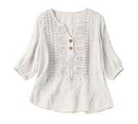 Camisas Mujer, Primavera Manga 3/4 Algodón Lino Cuello V Bordado Étnico Blusa Transpirable Verano Oficina Suelta Casual Elegante Original Tops Fiesta Boho Ideal para Playa y Vacaciones 2026
