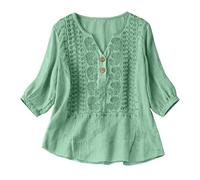Camisas Mujer, Primavera Manga 3/4 Algodón Lino Cuello V Bordado Étnico Blusa Transpirable Verano Oficina Suelta Casual Elegante Original Tops Fiesta Boho Ideal para Playa y Vacaciones 2026