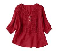 Camisas Mujer, Primavera Manga 3/4 Algodón Lino Cuello V Bordado Étnico Blusa Transpirable Verano Oficina Suelta Casual Elegante Original Tops Fiesta Boho Ideal para Playa y Vacaciones 2026