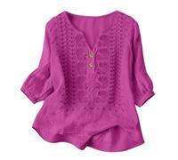 Camisas Mujer, Primavera Manga 3/4 Algodón Lino Cuello V Bordado Étnico Blusa Transpirable Verano Oficina Suelta Casual Elegante Original Tops Fiesta Boho Ideal para Playa y Vacaciones 2026