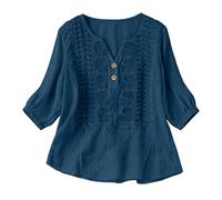 Camisas Mujer, Primavera Manga 3/4 Algodón Lino Cuello V Bordado Étnico Blusa Transpirable Verano Oficina Suelta Casual Elegante Original Tops Fiesta Boho Ideal para Playa y Vacaciones 2026